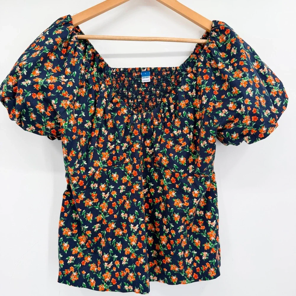 Old Navy Women's L Navy Floral Puff Sleeve Smocked Back Fall Cottagecore Blouse